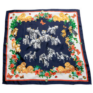 Vintage Gianni Versace Puppy Garden Scarf 34" Dog Butterfly Floral Whimsy Preppy